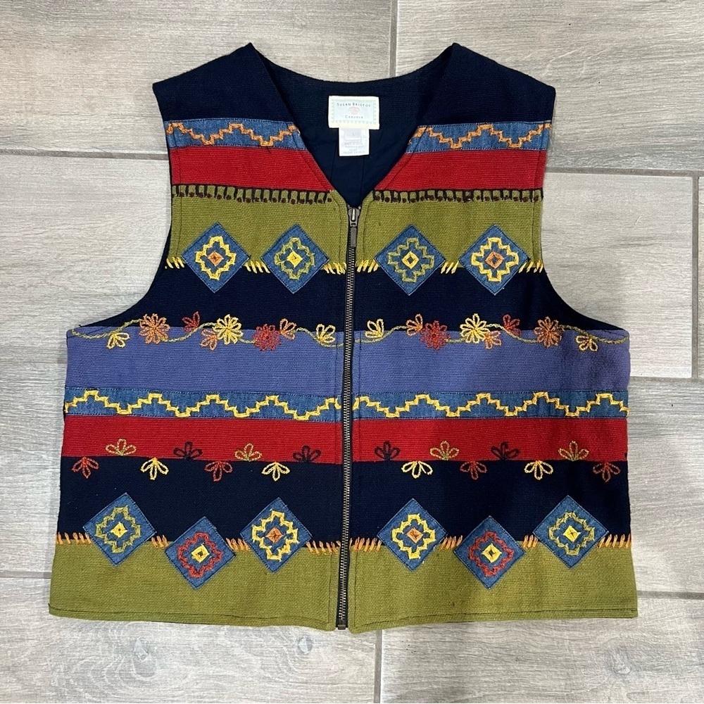 Susan Bristol Vest Full Zip Cotton Striped Floral Tapestry Art Retro Women’s L